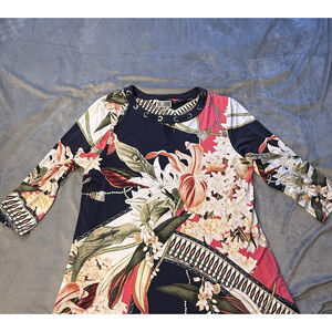 JM Collection Women's Tunic Stretch Navy With Floral And Rope Collar XL
